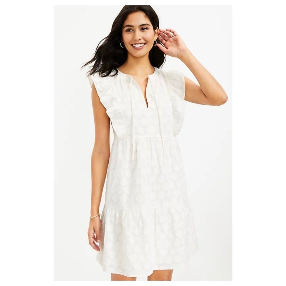 LOFT Shimmer Clip Ruffle Tie Neck Dress XS White/Gold Tiered Ruffle Sleeve Mini
